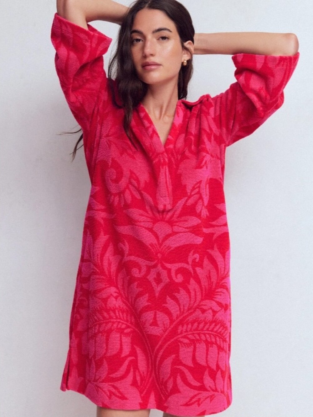 Boden pink and red plush Terrycloth Oriental print cover-up dress